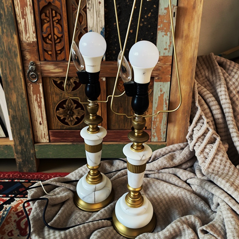 Pair of Marble and Brass Lamps